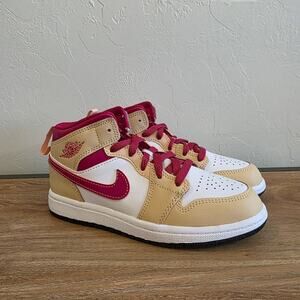Nike Air Jordan 1 Mid SE GS Tan Burgundy Red Sneakers Youth 1.5Y